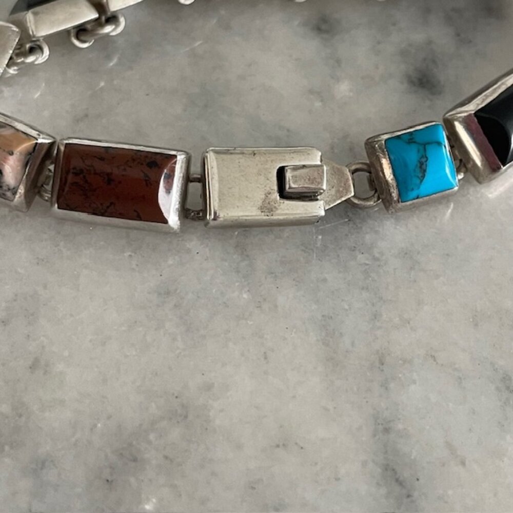 Vintage Taxco Multi Gemstone Bracelet 925 Silver from Mexico - 7.25" - Picture 5 of 7